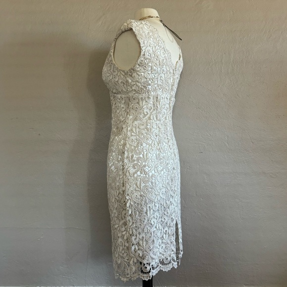 🕊️ Marina Ivory/ Gold Embroidered Lace Overlay Sheath Cocktail Dress — size 8 - Picture 2 of 11